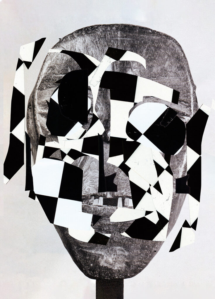 Collage av vad som liknar en mask med ett dekonstruerat rutnät över.
