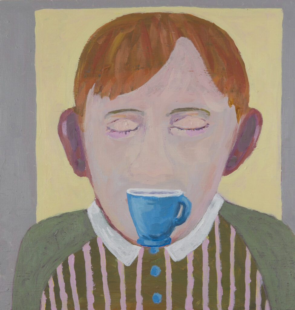 En målning av Marianne Andersson Embäck som föreställer en mansperson som dricker ur en blå kaffekopp.