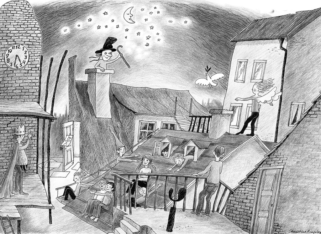 Teckning av olika tak som möts och barn som leker på de olika taken.