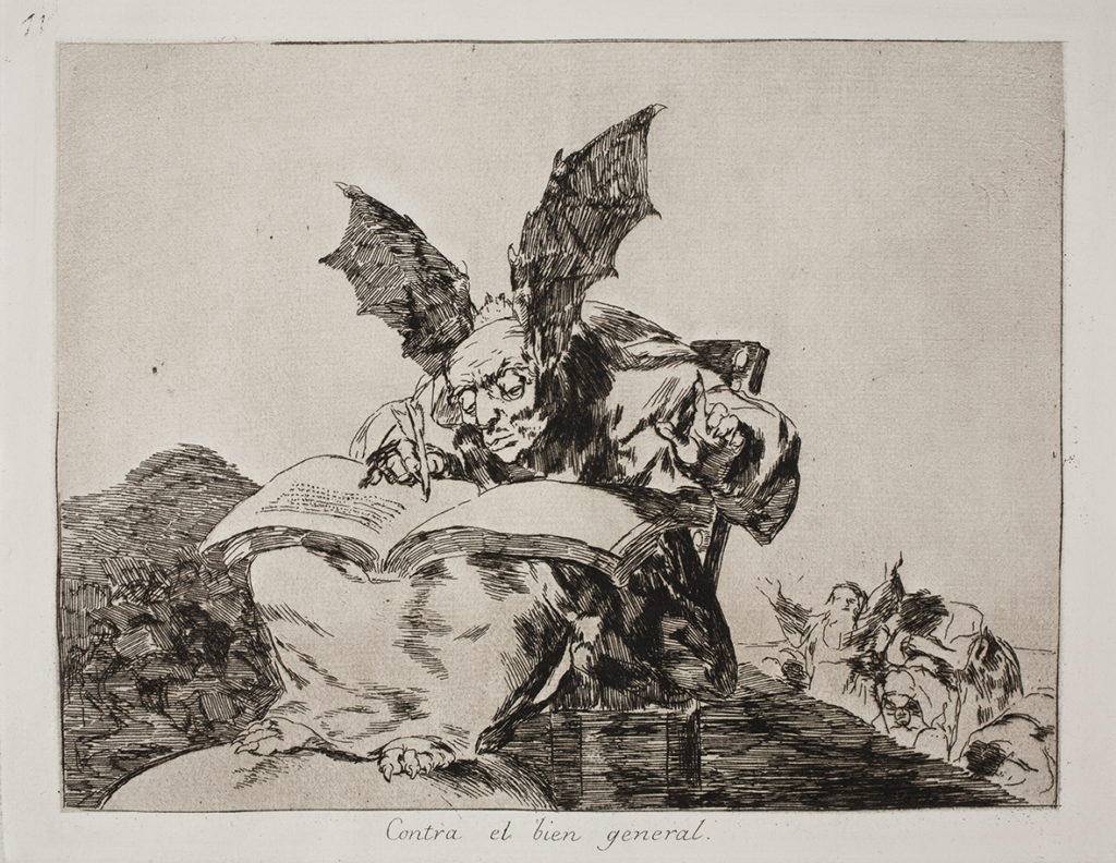 Etsning ur Goyas serie Krigets fasor. Ett monster med vingar sitter och skriver i en bok.