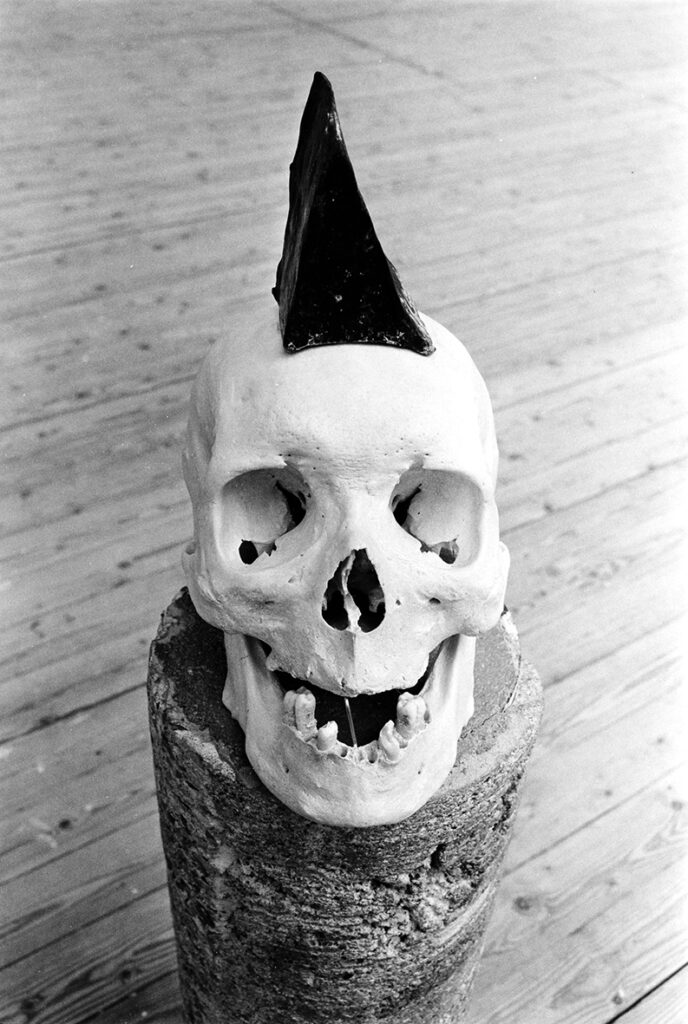 Ett konstverk. En vit dödskalle med en trekantig form ovanpå huvudet. Dödskallen står på en stubbe.