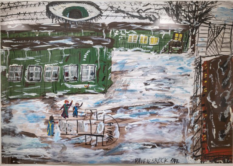 Konstverk av konstnären Ceija Stojka; gröna baracker, snömodd och barn som leker.