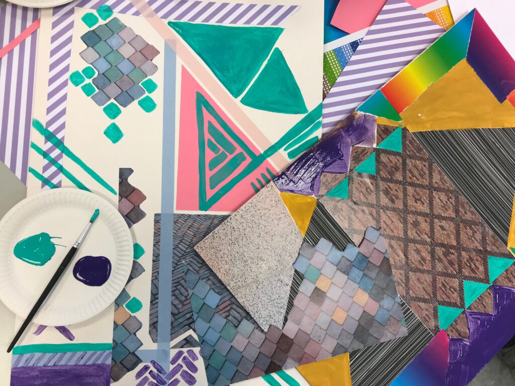 Bild av collage, papper, färg och pensel i pastelliga färger.
