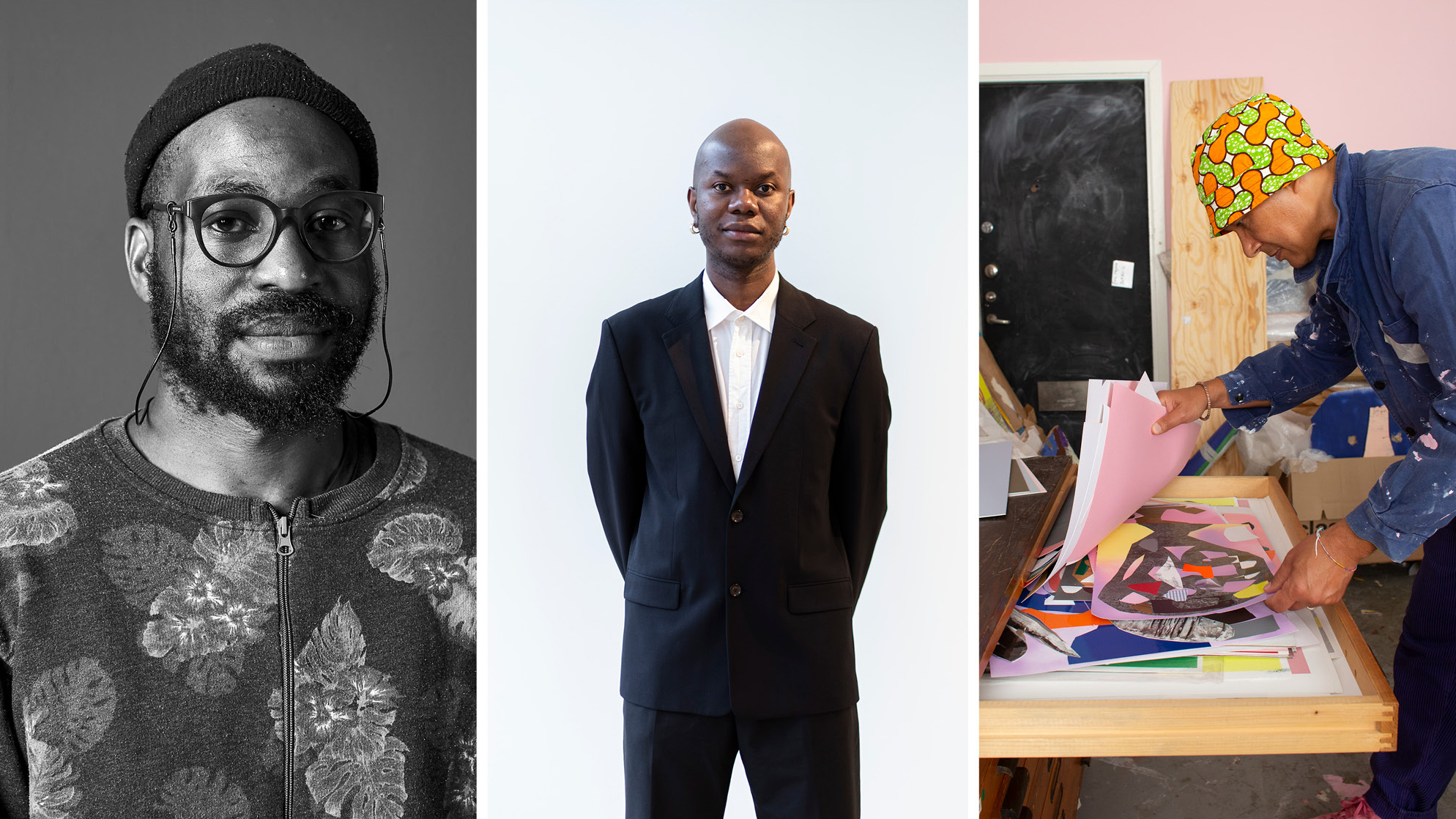 Porträttbilder av konstnär Kudzanai Chiurai, curator Tawanda Appiah och konstnär Eric Magassa.