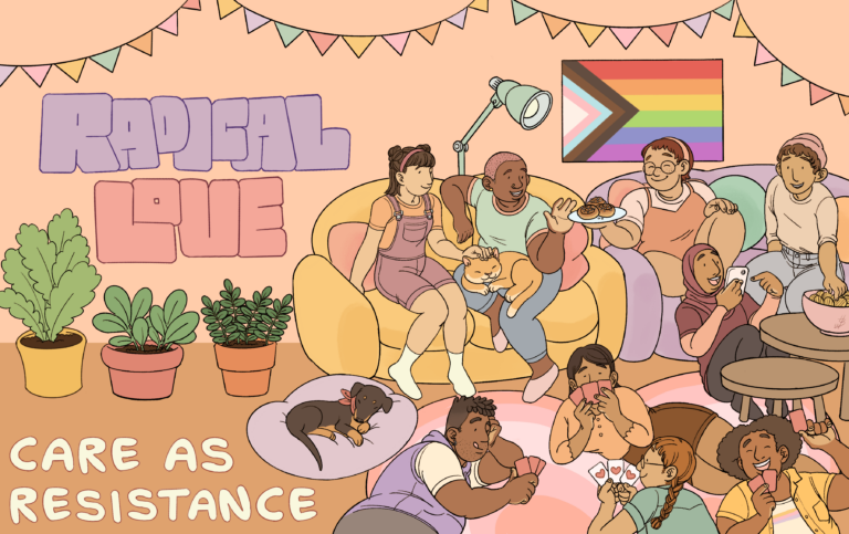 Tecknad bild av ett sällskap som inkluderar människor av olika bakgrund, etnicitet, hudfärg, sexualitet och kön i kärleksfull gemenskap.