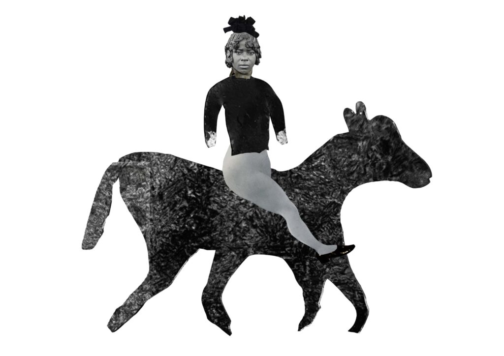 Collage av kvinna som rider på en häst