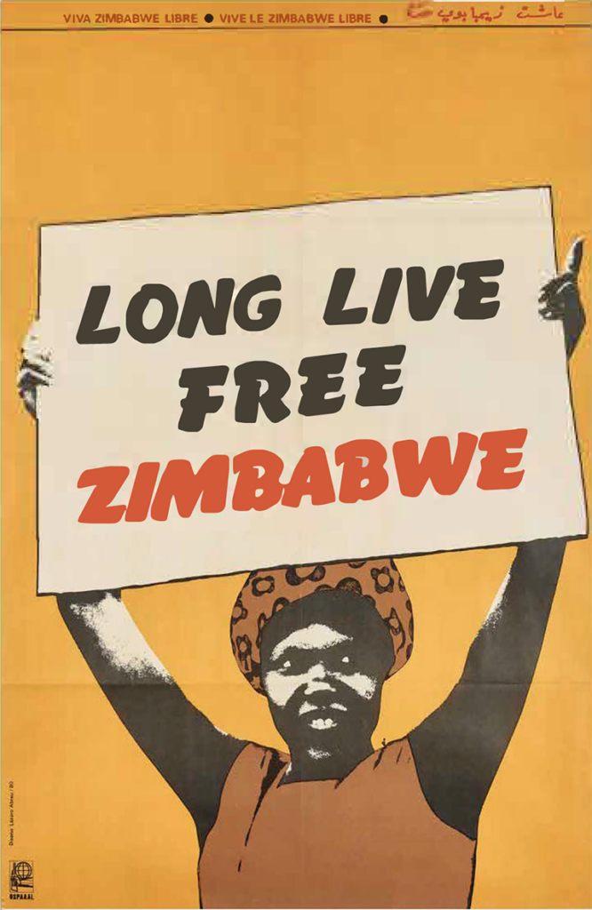Poster/konstverk från utställningen Flight. Kvinna håller skylt ovanför huvudet med texten lon live free Zimbabwe.