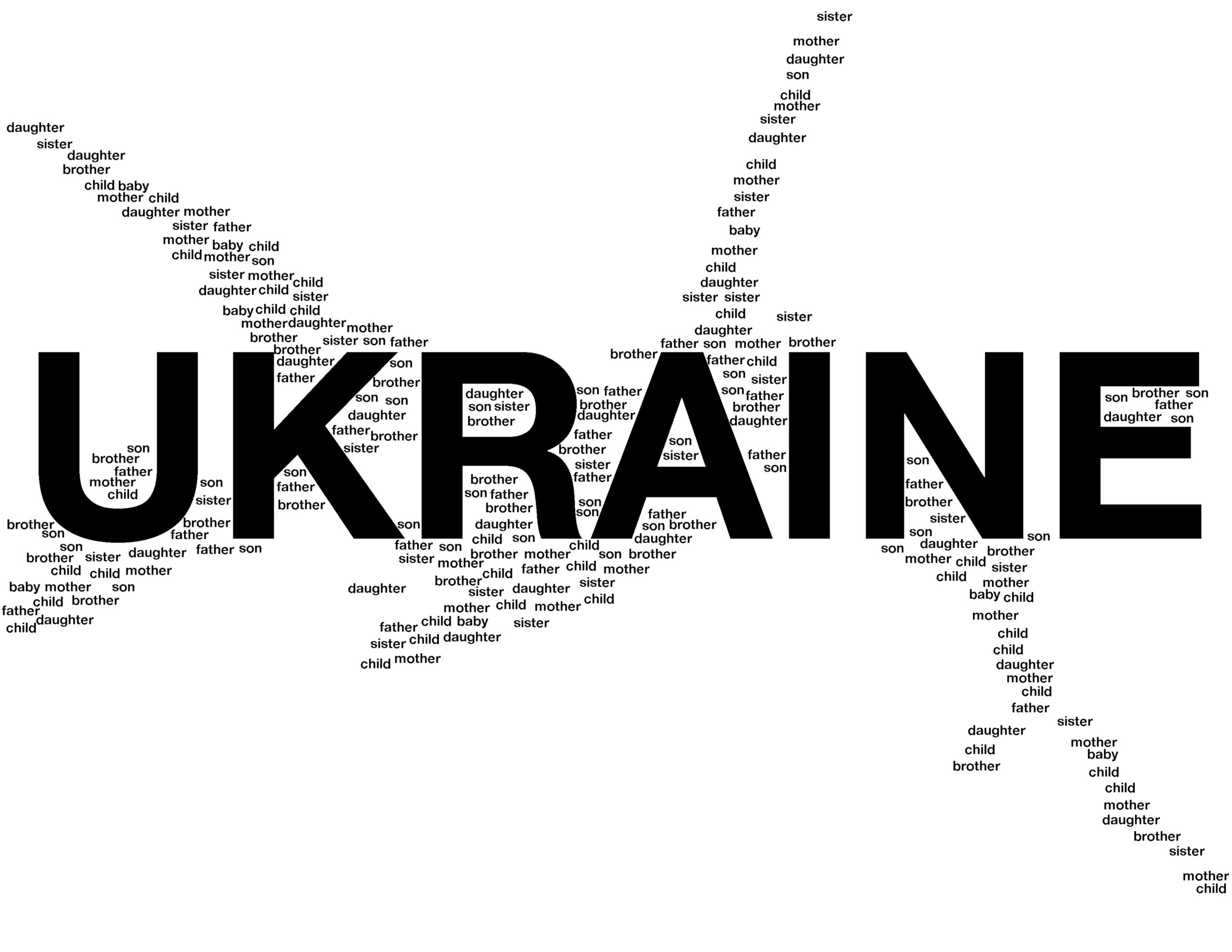 "UKRAINE" med stora bokstäver, och runtomkring står det ord så som "child", "father" och "sister" som upprepas flera gånger om.