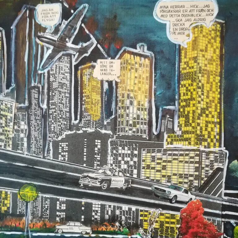 Illustration or comic-style painting of a city resembling New York