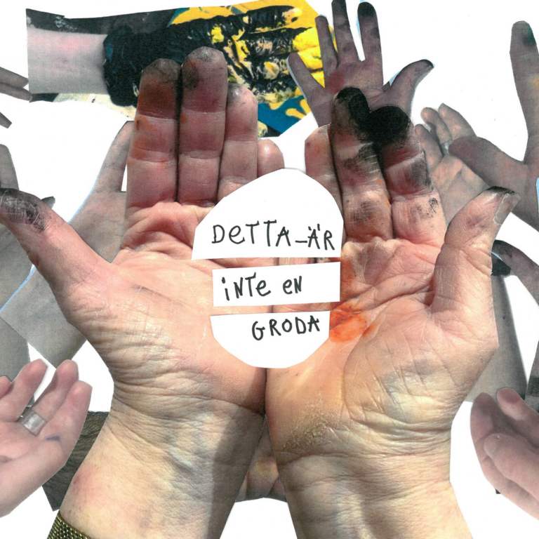 Collage av händer med rester av färg på. I mitten håller händerna texten "Detta är inte en groda"