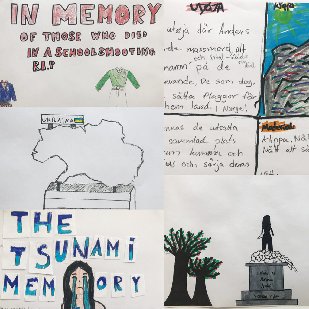 Close-up shots of drawings created by children in workshops related to memorials. Words like Utøya, Ukraine, Tsunami, and more.