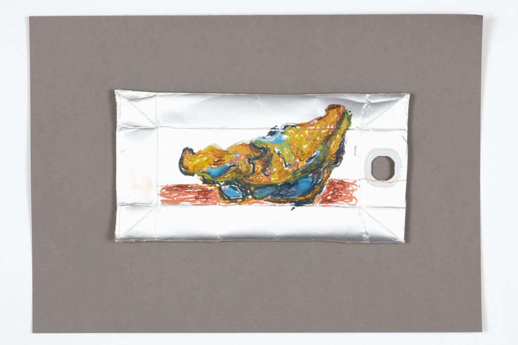 Verk av Jennifer Sameland där hon ritat en flerfärgad mussla med kritor. Verket är abstrakt och heter The World is Someone Elses Oyster.