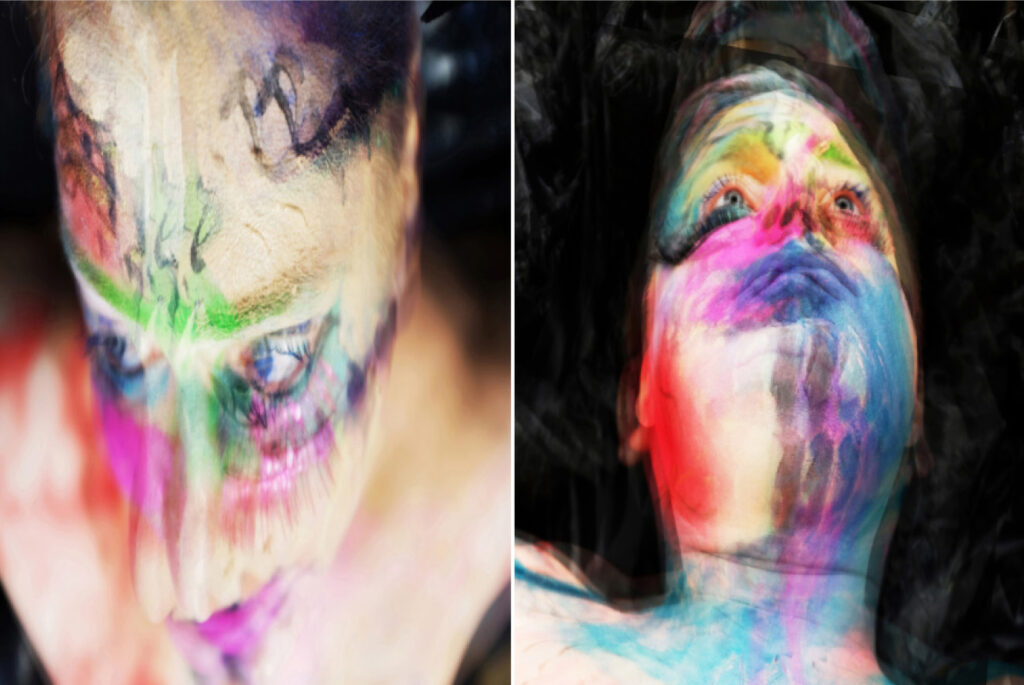 Tre delvis abstraherade porträtt av konstnären Leif Holmstrands ansikte bemålat i lysande färger.