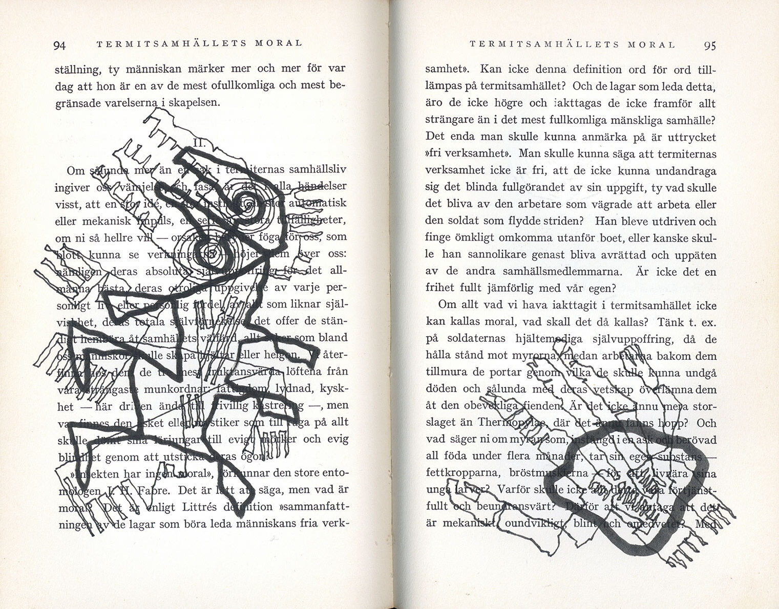  An open spread in a book with black illustrations over the text pages