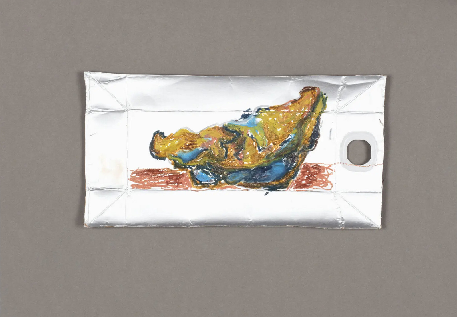 Verk av Jennifer Sameland där hon ritat en flerfärgad mussla med kritor. Verket är abstrakt och heter The World is Someone Elses Oyster.