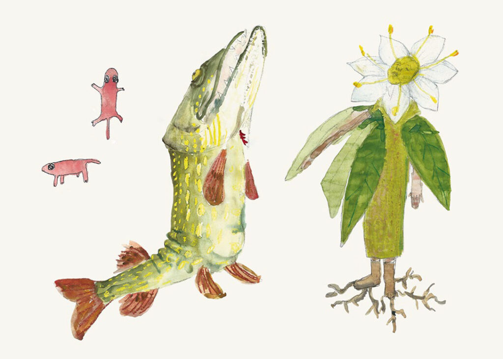Färglagda illustrationer som föreställer: två små fyrbenta varelser med svans, en gädda som står upp på sina bakre fenor, och en människa förklädd till en blomma med rötter, stjälk, löv och