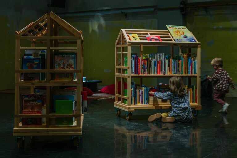 Two wooden structures shaped like small houses and filled with books for children and young people. In front of them, two children are sitting, flipping through books.