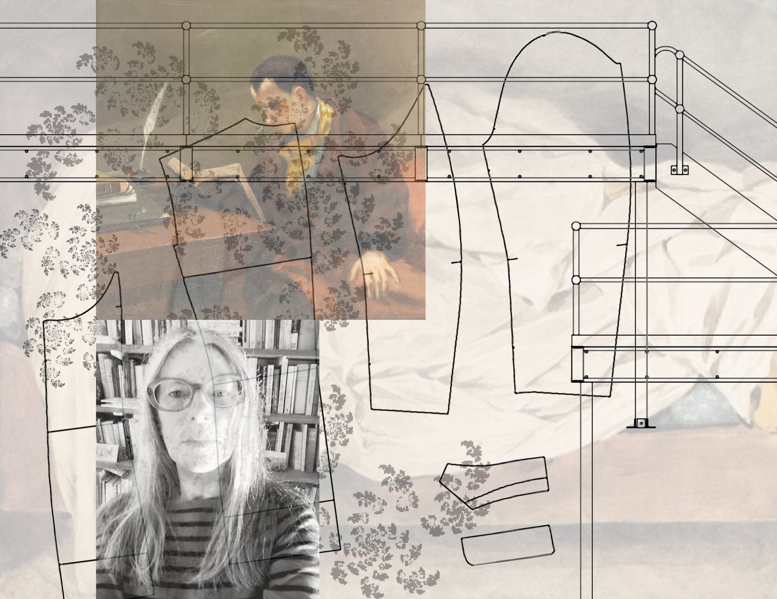 Abstract image of a middle-aged woman in glasses and an old-fashioned photograph of a person reading. On top of this a layer of abstract cartoon shapes.