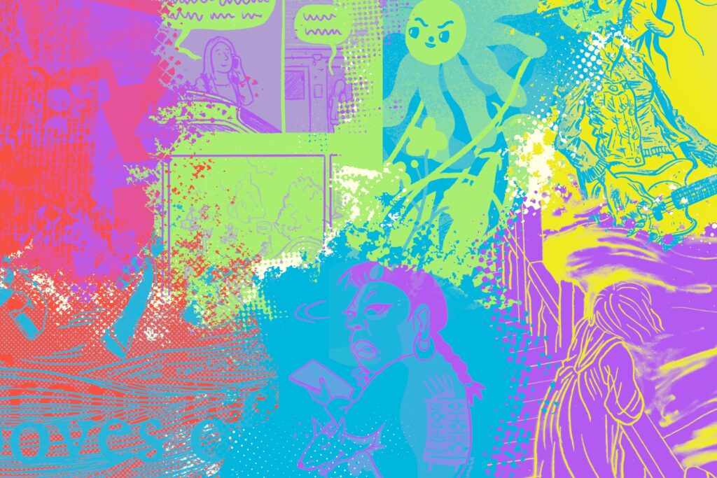 Ett collage av tecknade motiv i regnbågens färger. Man ser bland annat en elgitarr, en arg blomma och en kvinna som pratar i telefon.