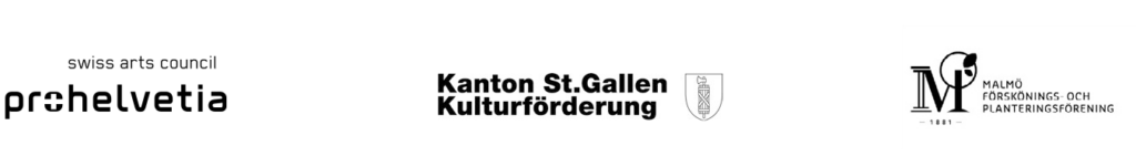 Utställningssponsorernas loggor: Prohelvetia, Kanton St. Gallen Kulturförderung och Malmö Förskönings- och planteringsförening.