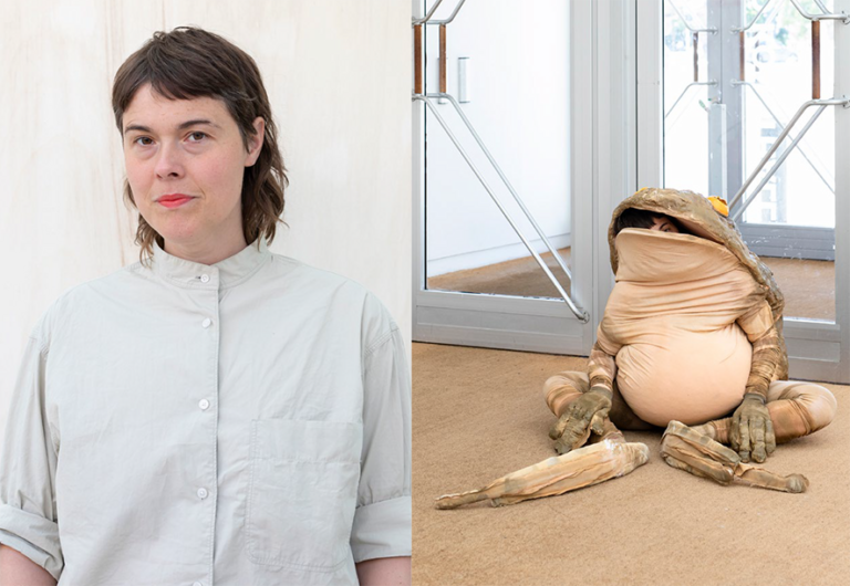 Dubellbild med porträtt av konstnären Ingela Ihrman och Ingela Ihrman iklädd en grodkostym.
