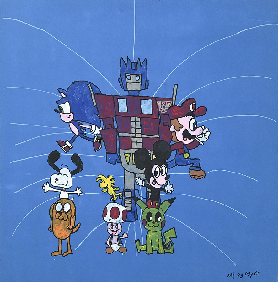 A colorful painting of a series of famous cartoon characters such as Super Mario and Mickey Mouse on a bright blue background.