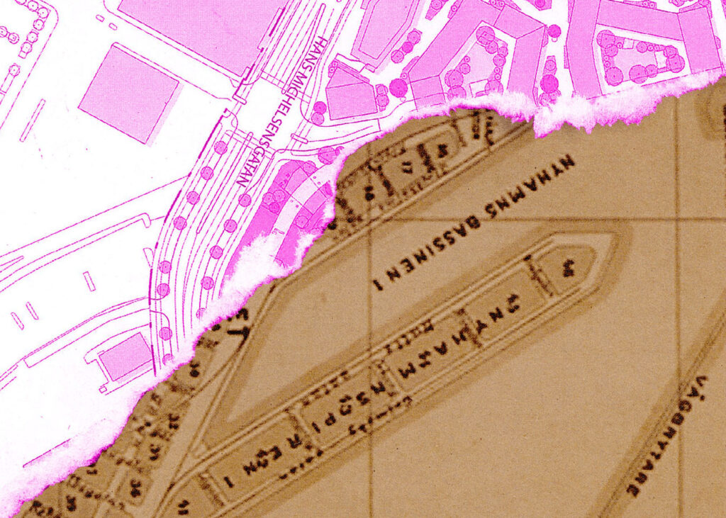 En abstrakt bild i rosa och brunt som föreställer en google-karta över området Smörkajen i Malmö.
