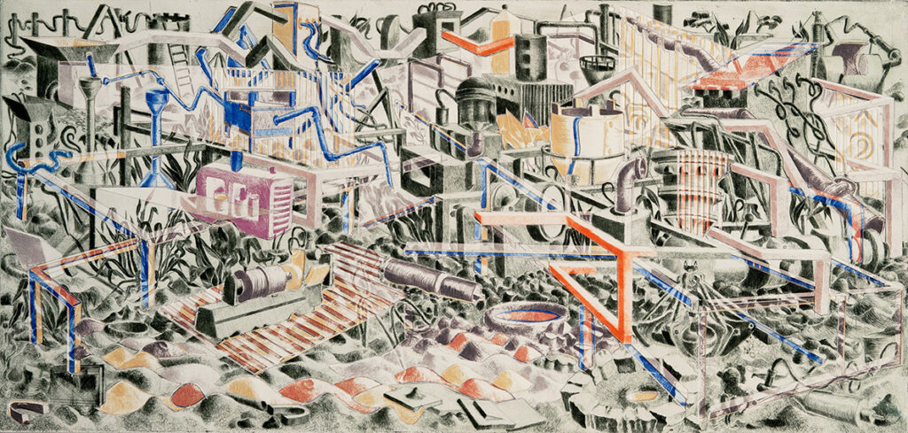Ett abstrakt måleri som föreställer en stad eller fabrik i rörelse, med en massa metalldelar, skorstenar, rör och kranar. 