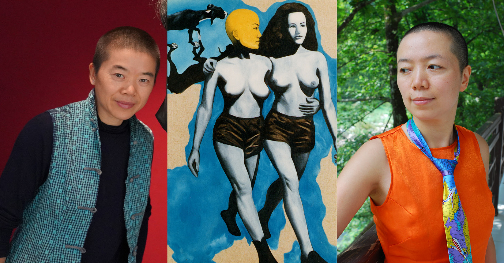 Portrait of the Chinese artists Shitou & Mingming. Between the portraits, a cartoon image of two bare-breasted women walking hand in hand, proud and straight-backed.