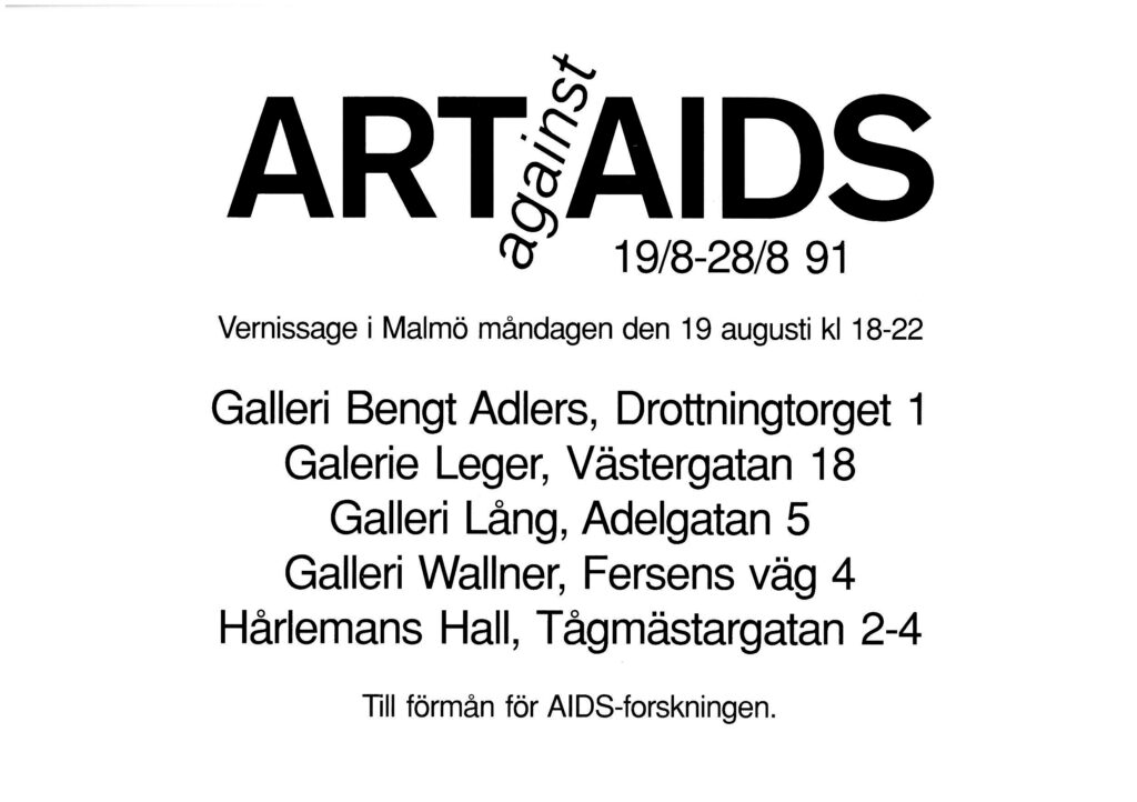 Vernissage card for the exhibition 'Art Against AIDS' in 1991. A white paper with black text listing the five galleries in Malmö that participated.
