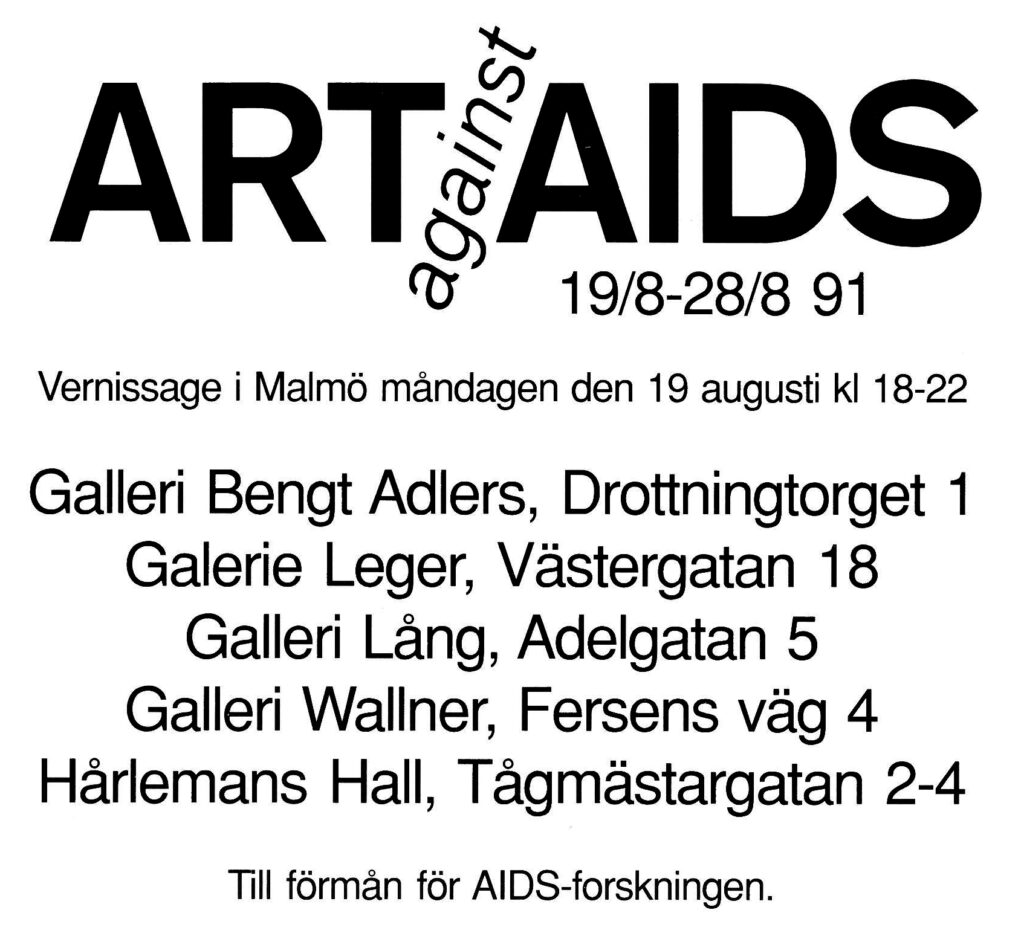 Vernissagekort för utställningen Art Against Aids år 1991. Ett vitt papper med svart text som nämner de fem gallerier i Malmö som deltog.