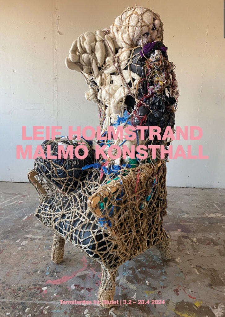 Leif Holmstrand's poster, showcasing a chair intricately crocheted with various yarns.