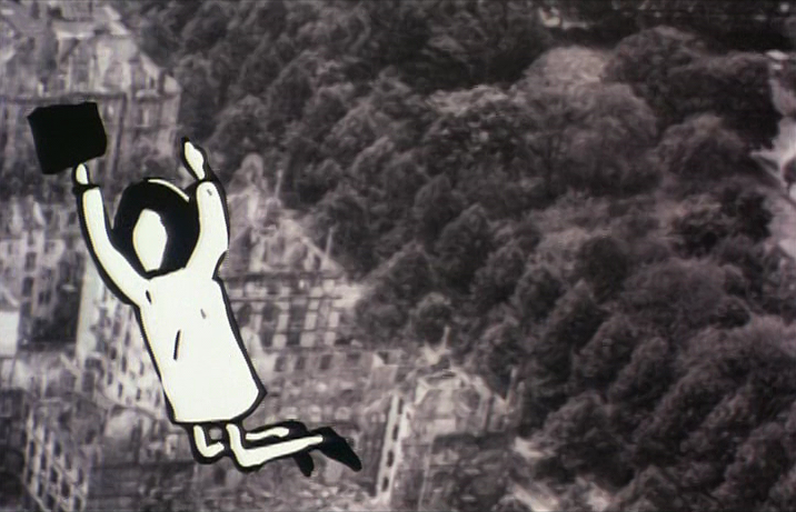 Still image from the film Silence featuring a drawn girl in front of an aerial photograph of a bombed city.