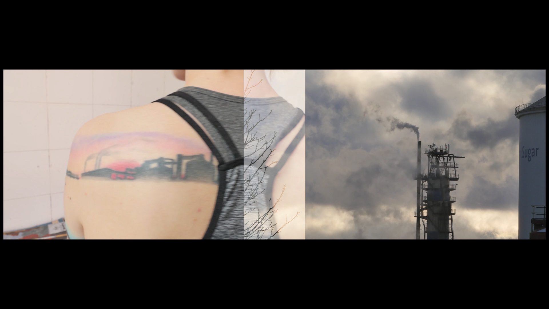 A film by Kalla Brolin – two separate images overlapping – a back with a tattooed city skyline on the left – on the right, an industrial chimney and puffing smoke.