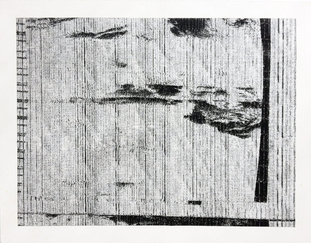 A work by Lars Fredrikson – black and white fax on paper – abstract structures.
