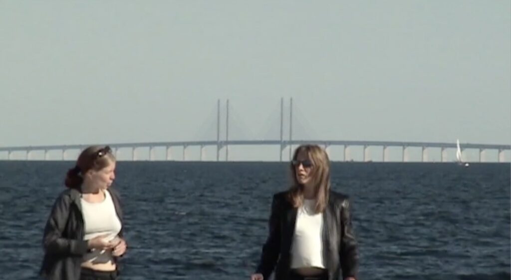 Stillbild från filmen The Strait Trilogy. Huvudpersonerna står framför vatten och Öresundsbron i bakgrunden.