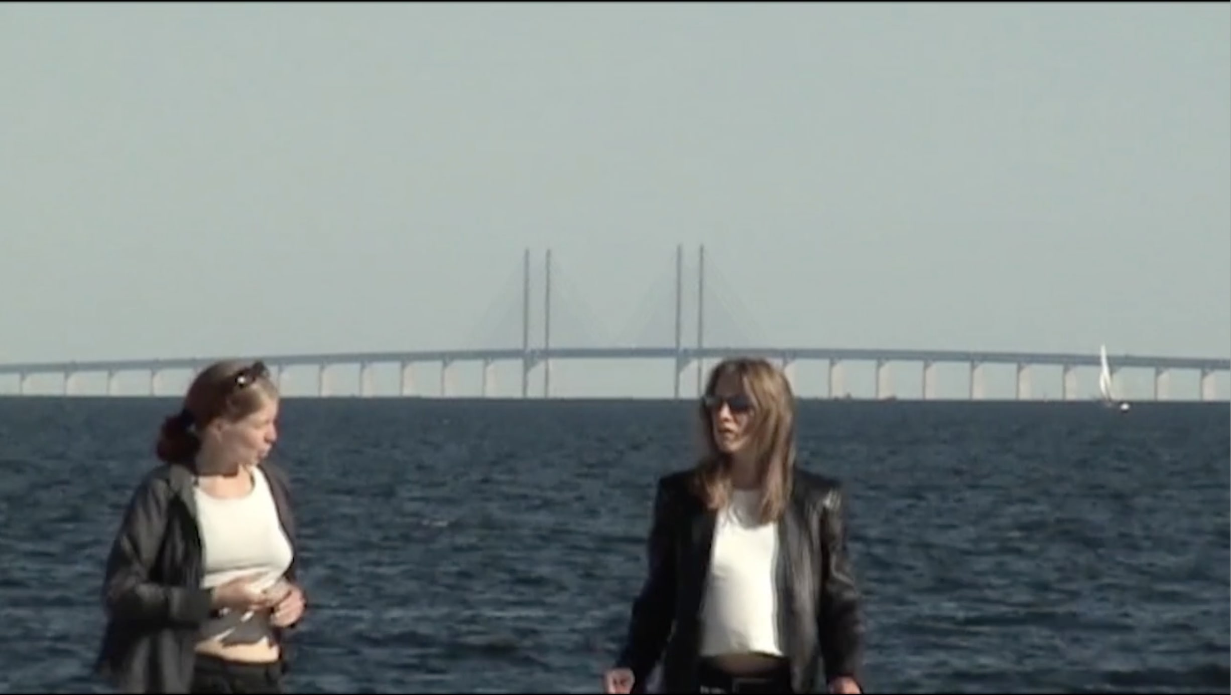 Stillbild från filmen The Strait Trilogy. Huvudpersonerna står framför vatten och Öresundsbron i bakgrunden.