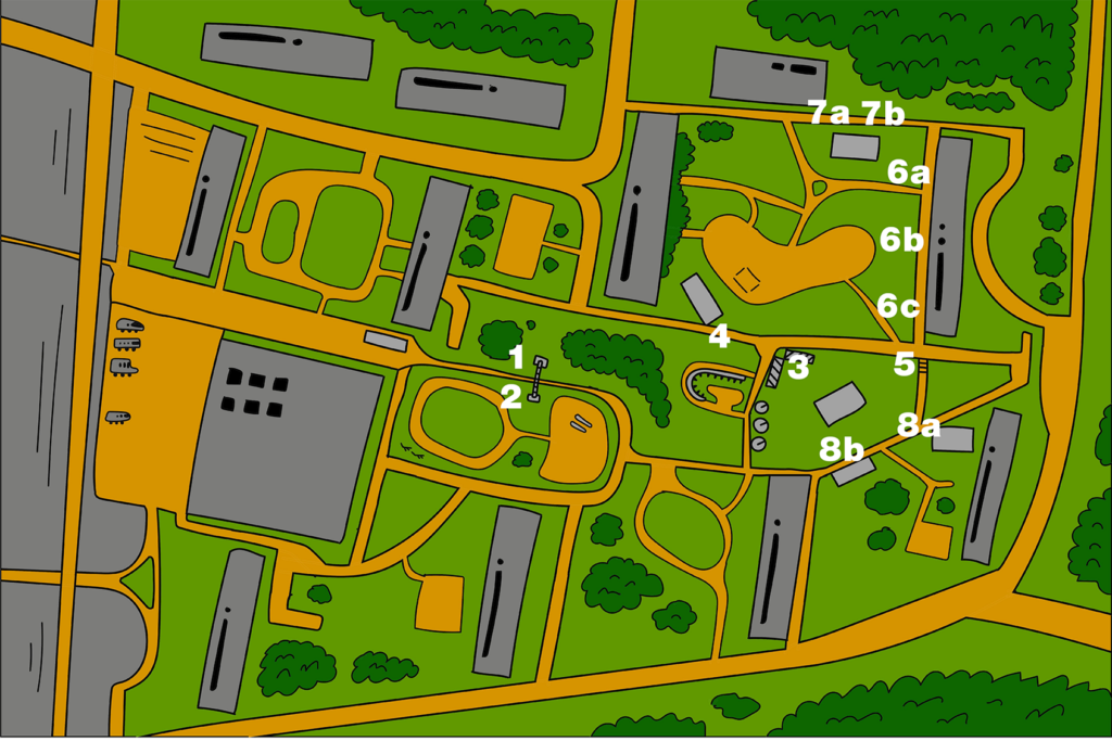 Illustration, en karta över var man kan hitta konstlyftets konstverk på Gullviksborg i Malmö.