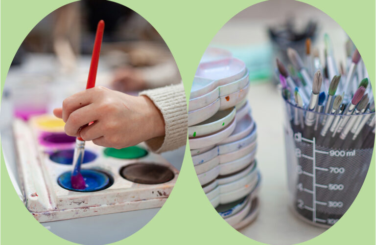 En hand som doppar en pensel i färg. På bilden är ett grafiskt dekal av två ovala ringar i grönt.