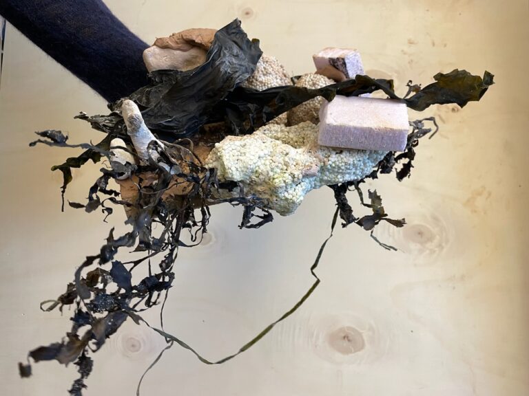 Ett abstrakt konstverk i form av en skulptur skapad av saker som spolats upp från havet, såsom kvistar, plast och kartong.