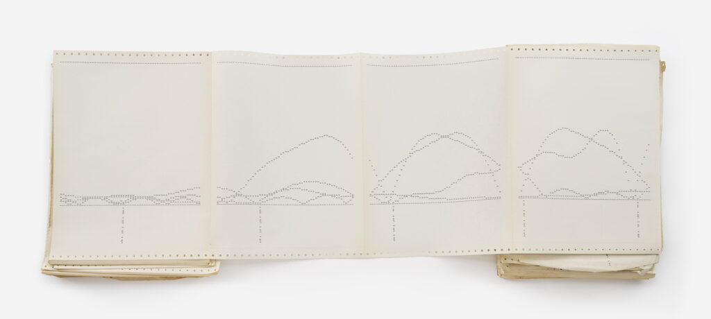 Kurvor, som toppar och dalar, printade på ett otroligt långt gulnat papper.