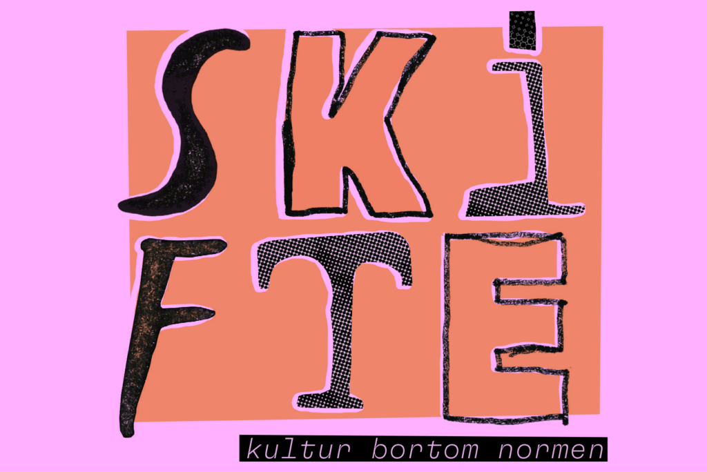 Signalbild för temahelgen Skifte – , svart text på orange och rosa bakgrund