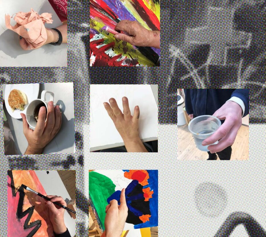 Kollage med bilder på händer, konstverk i olika färger.