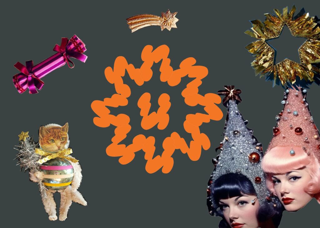 Kollage med grå bakgrund och olika julpynt och dekorationer.