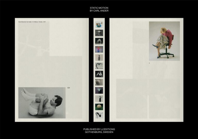 Omslaget till boken Static Motion av Carl Ander, det föreställer kollage av bilder. Två vita sidor med bilder av personer i olika positioner.