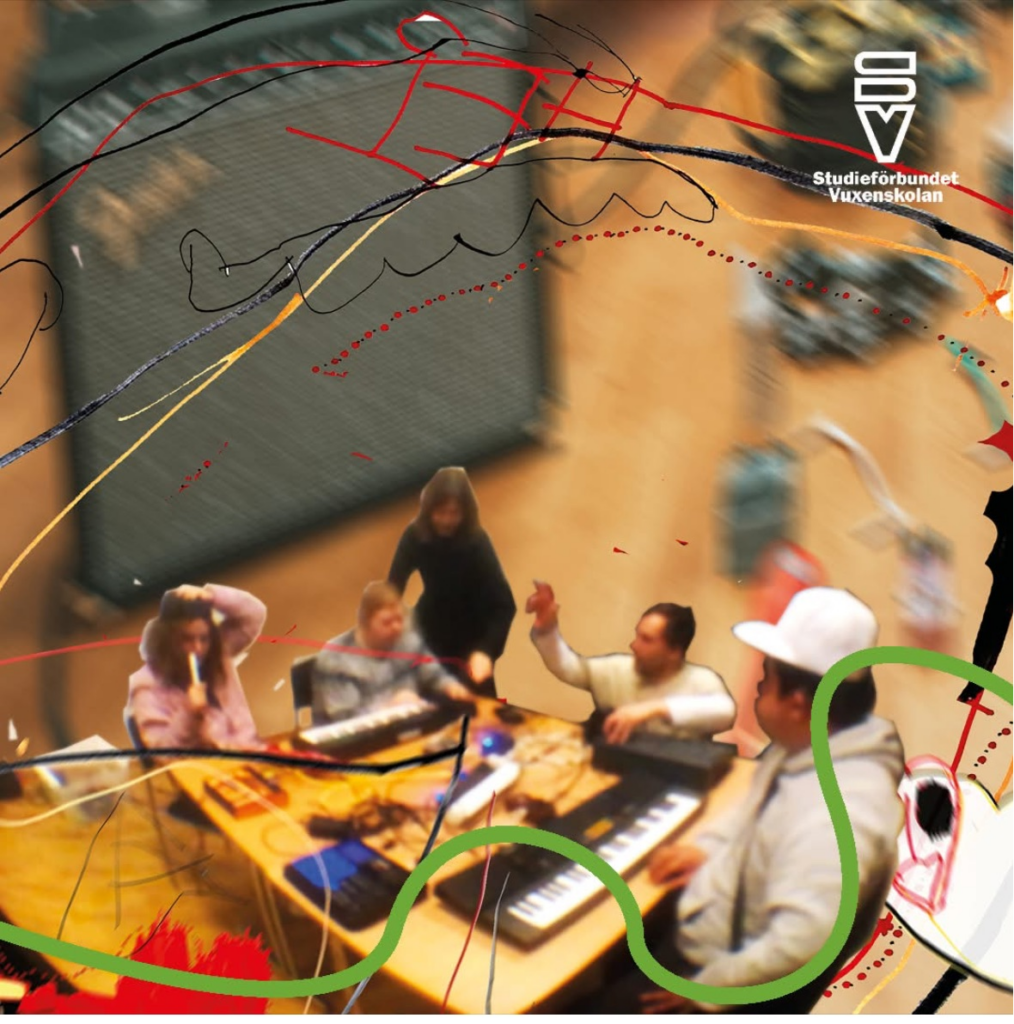 Flera personer som sitter runt ett bord. Grafiska element i grönt, rött och svar över bilden.