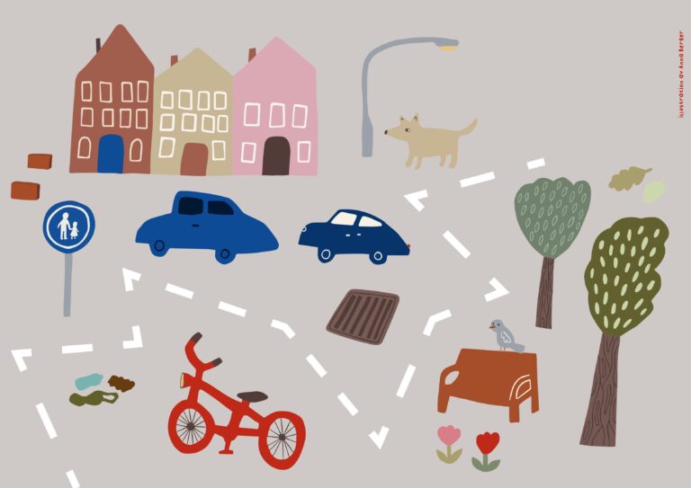 Tecknad bild med stadselement såsom bilar, hus, trafik och vägar.