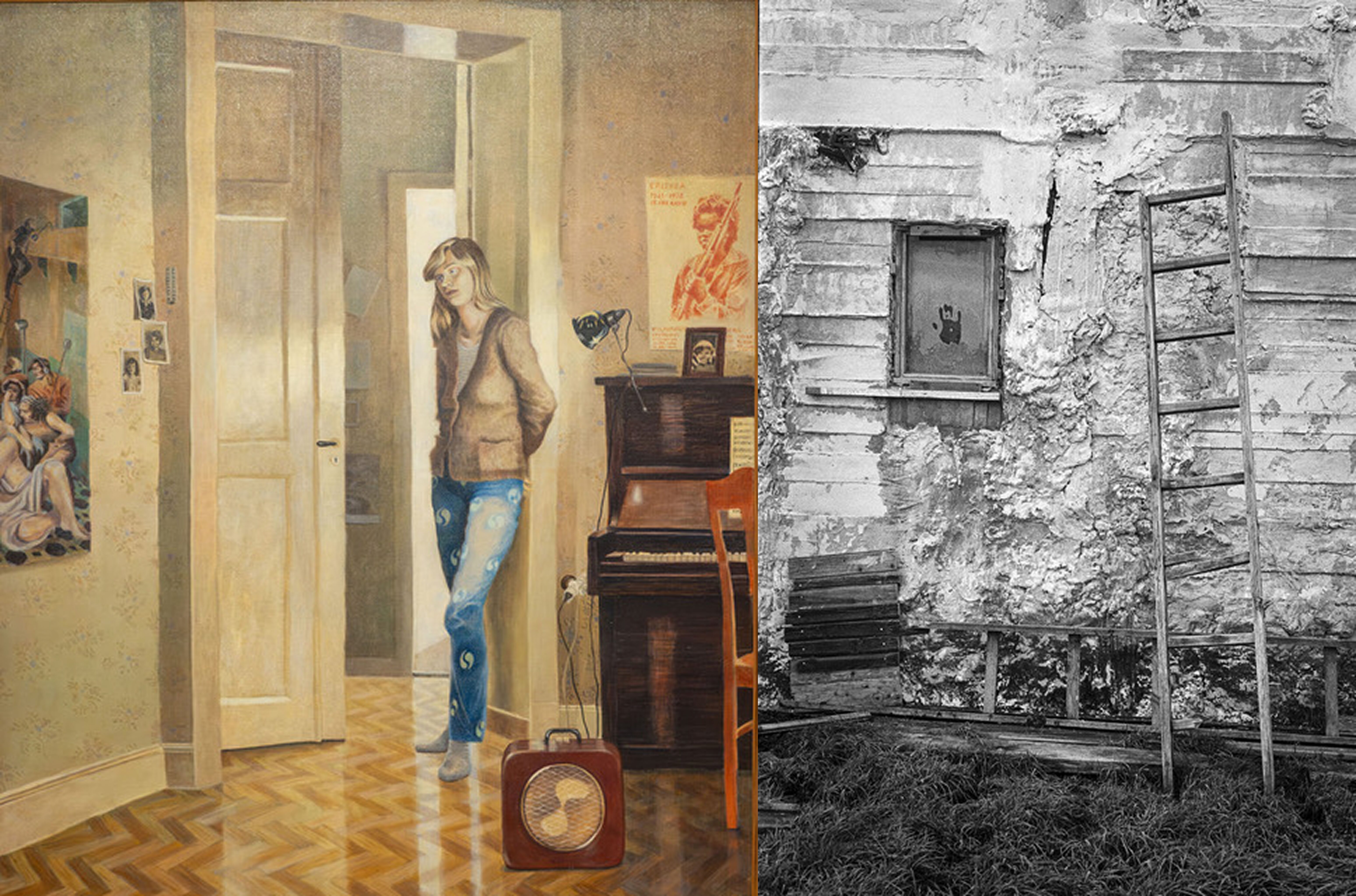 Två verk av stipendiaterna Gittan Jönsson och John Skoog. Gittans verk är en målning i varma gula toner av en kvinna som står i en lägenhet. Johns verk är ett svartvitt fotografi av en träfasad.