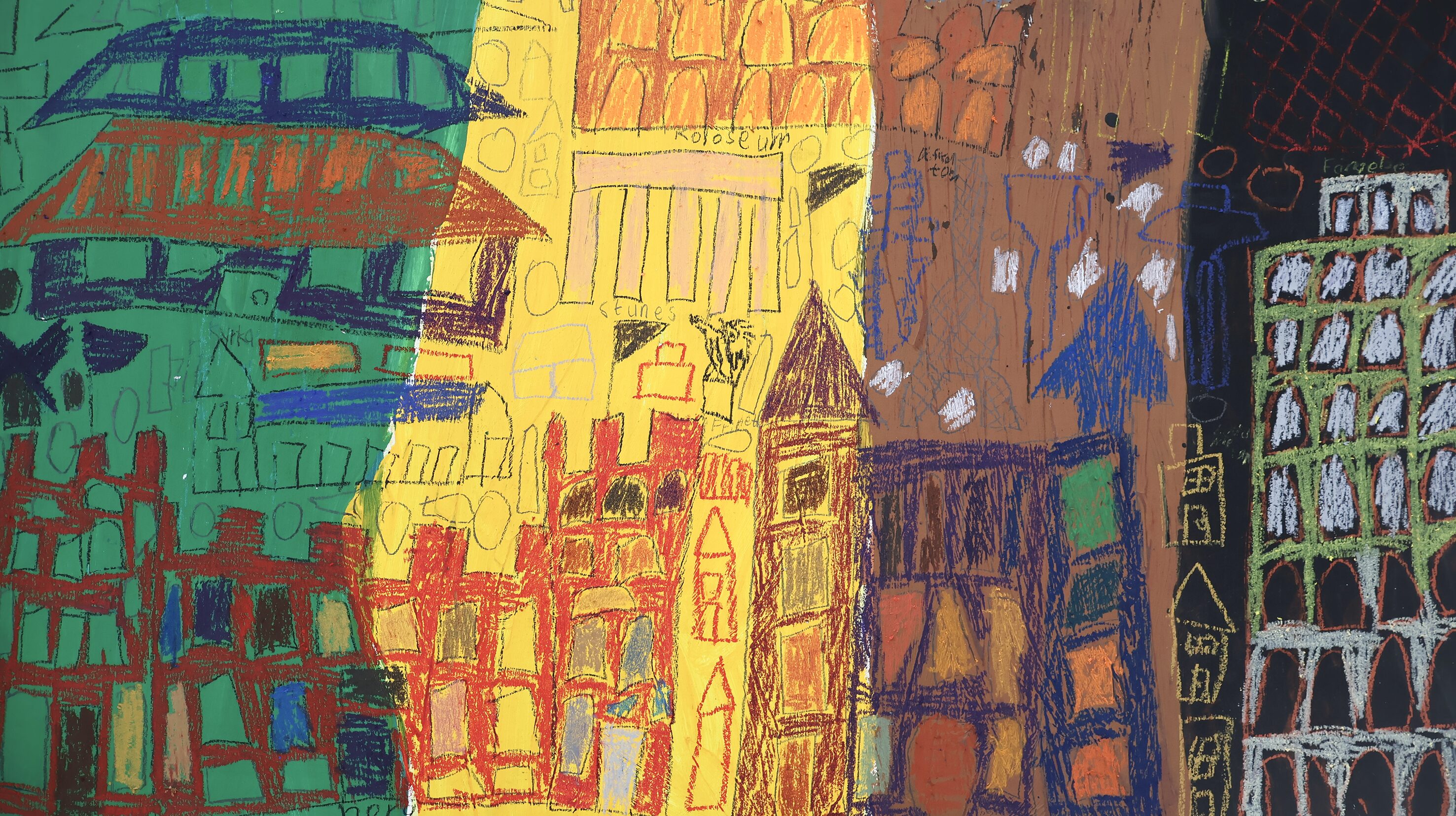 A hand-drawn image of houses in green, yellow, brown, and black.