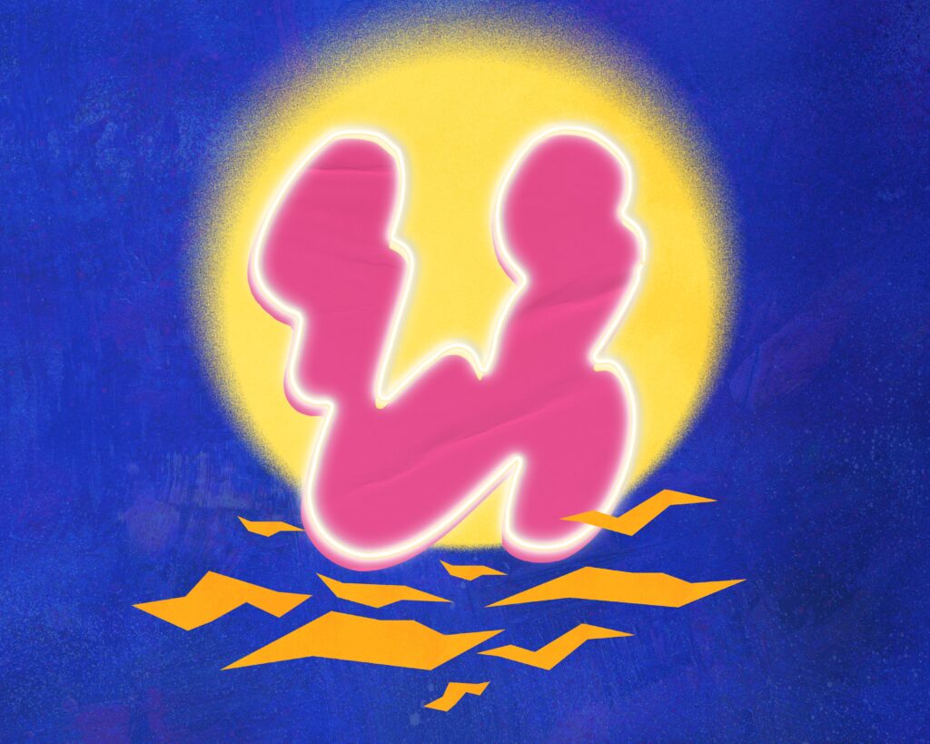 En blå bild med gul cirkel. I cirkeln är ett grafisk form av bokstaven U i rosa.